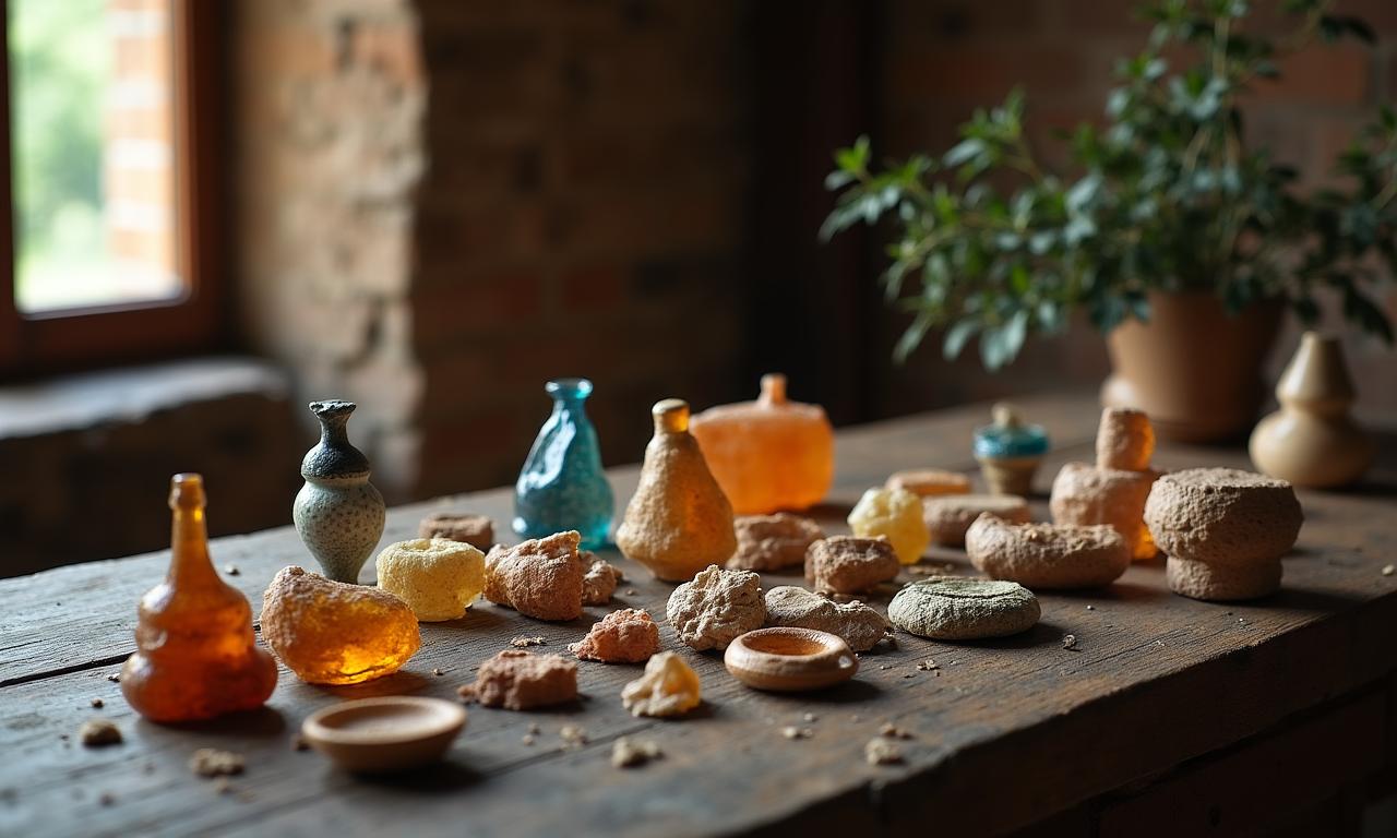 Antichi manufatti romani disposti su un tavolo di legno scuro