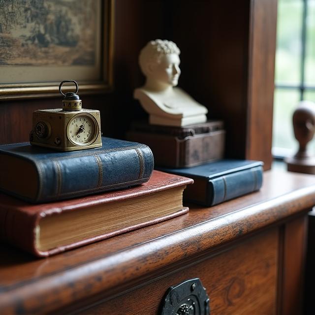 Collezione privata di oggetti rari disposti su uno scaffale in legno