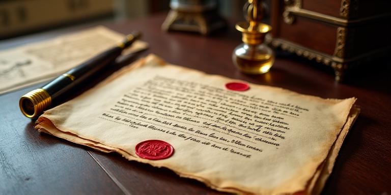 Documento antico con sigillo in cera e calamaio
